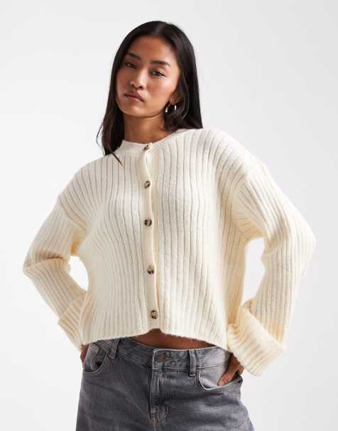 ASOS DESIGN – Dzianinowy kardigan z podwijanymi mankietami w kolorze ecru - view 1