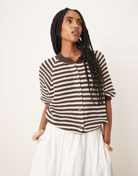 ASOS DESIGN knitted cardigan with raglan sleeve in brown stripe