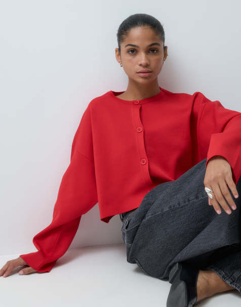 ASOS DESIGN dzianinowy kardigan z rękawami typu batwing w czerwonym kolorze - view 1