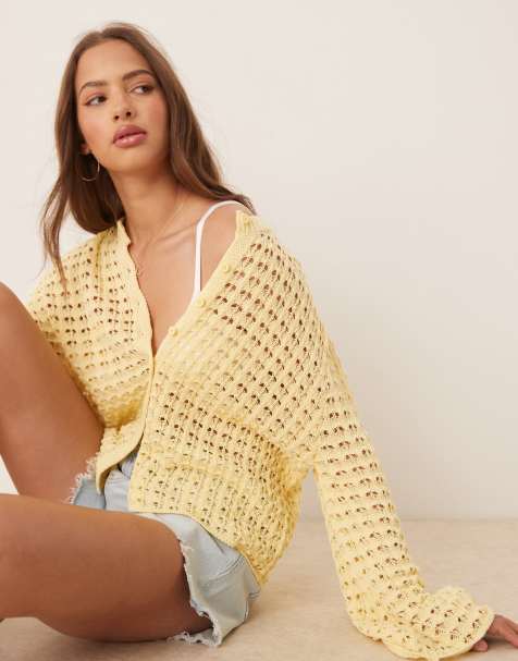 ASOS DESIGN knitted cardigan with angel sleeve in buttermilk yellow