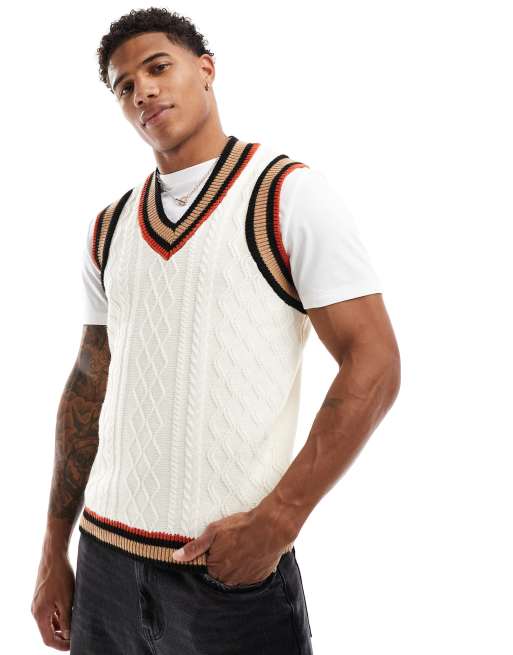 ASOS DESIGN – Dzianinowy podkoszulek o warkoczowym splocie w kolorze ecru bez rękawów z dekoltem w kształcie litery V i lamówkami