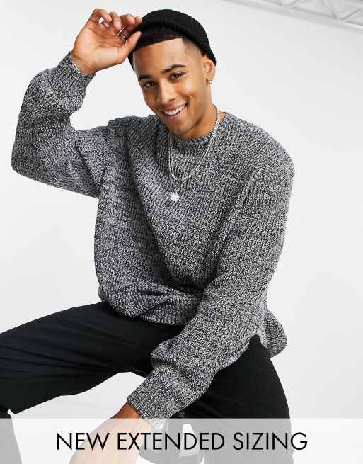 ASOS DESIGN – Dzianinowy prążkowany sweter oversize typu fisherman w kolorze szarego melanżu