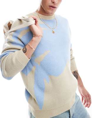 ASOS DESIGN – Dzianinowy sweter o luźnym kroju w kolorze ecru w niebieski kwiatowy wzór