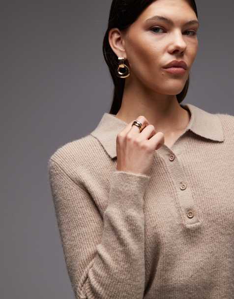 ASOS DESIGN knitted relaxed collar henley jumper in oatmeal