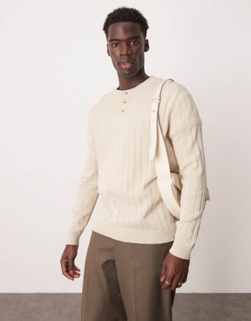 ASOS DESIGN – Dzianinowy sweter o luźnym kroju z szerokimi prążkami i stójką w owsianym kolorze