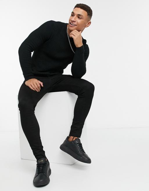 ASOS DESIGN – Dzianinowy sweter o waflowej teksturze i kroju podkreślającym sylwetkę w kolorze czarnym