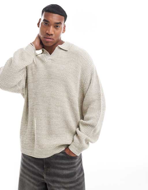 ASOS DESIGN – Dzianinowy sweter oversize typu fisherman z rozcięciem na dekolcie w owsianym kolorze