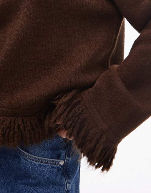 ASOS DESIGN – Dzianinowy sweter oversize w kolorze brązowym z frędzlami, 3 z 4