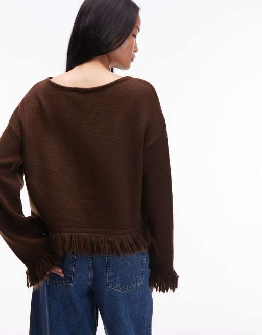 ASOS DESIGN – Dzianinowy sweter oversize w kolorze brązowym z frędzlami, 4 z 4
