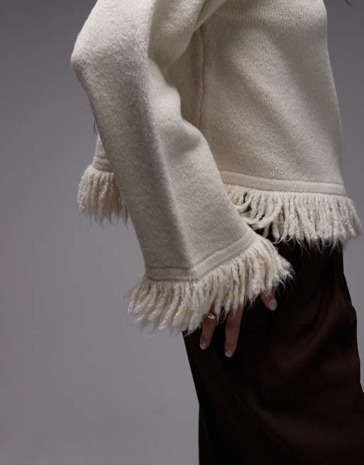 ASOS DESIGN – Dzianinowy sweter oversize w kolorze ecru z frędzlami, 3 z 4