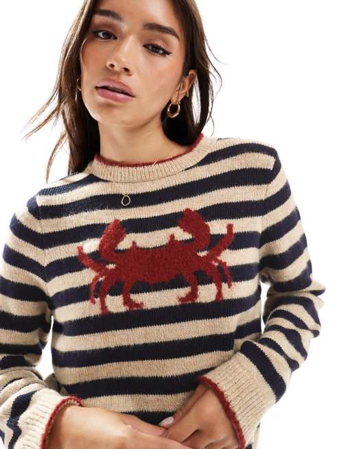 ASOS DESIGN – Dzianinowy sweter oversize w niebieskie paski z motywem kraba, 2 z 4