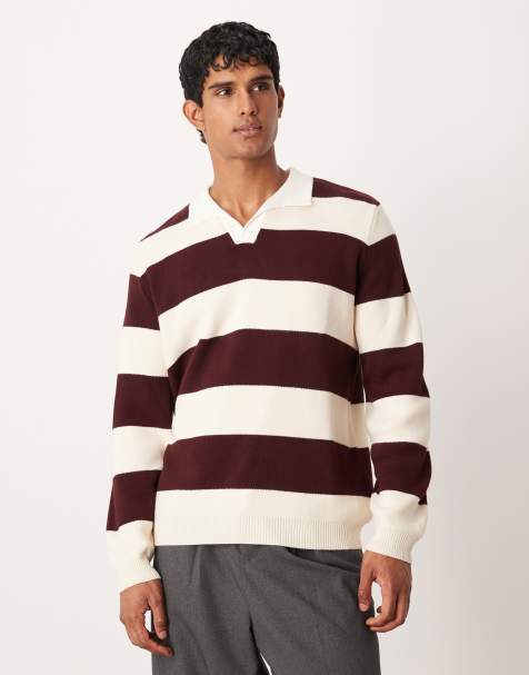 ASOS DESIGN knitted long sleeve rugby polo in burgundy stripe