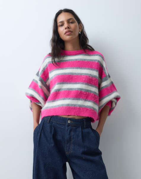 ASOS DESIGN dzianinowy sweter z efektem szczotkowania w prążki w kolorze różowym i szarym - view 1
