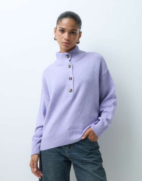 ASOS DESIGN dzianinowy sweter z golfem i zapięciem na 3/4 na guziki w kolorze liliowym - view 1