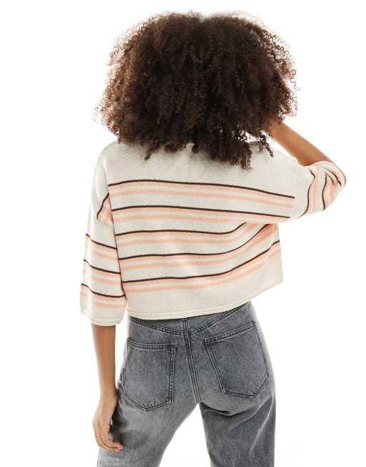 ASOS DESIGN – Dzianinowy sweter z krótkimi rękawami w neutralne paski, 3 z 4