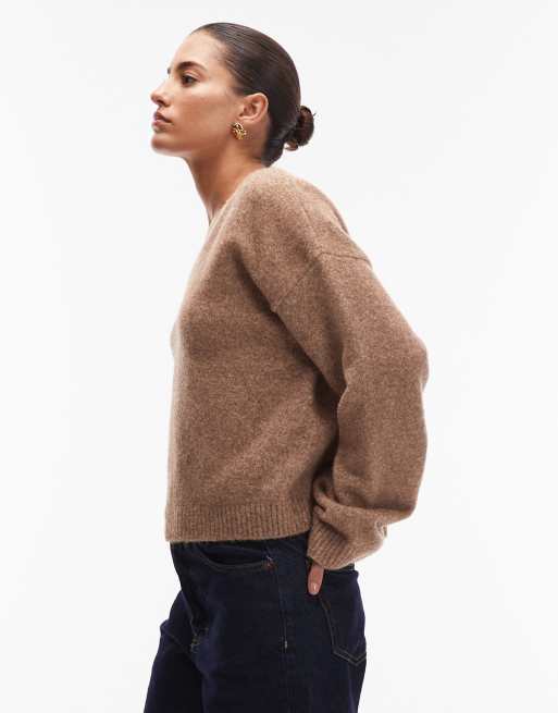 ASOS DESIGN – Dzianinowy sweter z mieszanki wełny z szerokimi rękawami w kolorze mokki