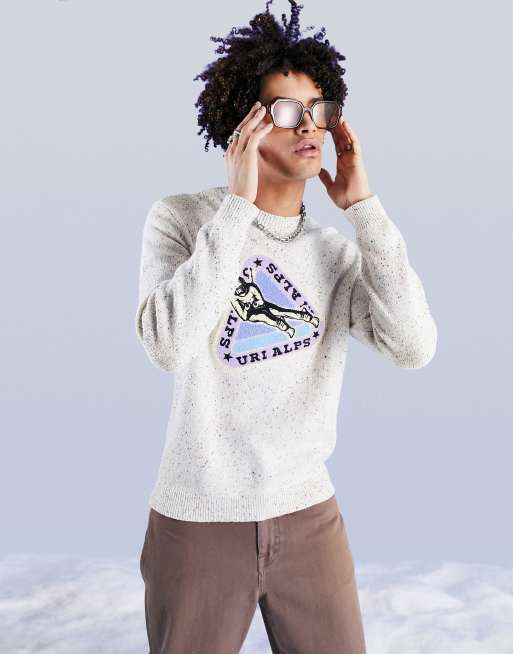 ASOS DESIGN – Dzianinowy sweter z nakrapianej przędzy z aplikacją narciarską