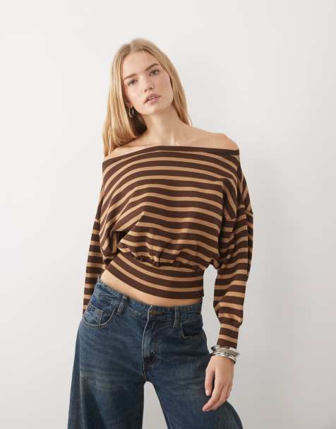 ASOS DESIGN dzianinowy sweter z odkrytymi ramionami w brązowe paski - view 1