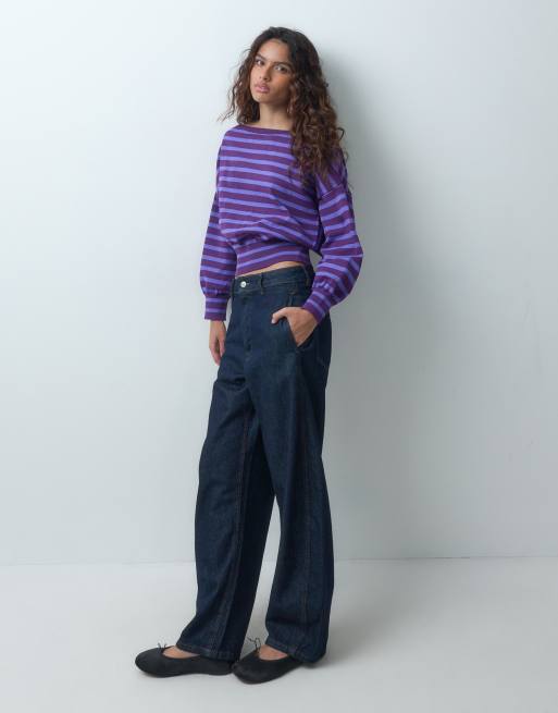 ASOS DESIGN dzianinowy sweter z odkrytymi ramionami w liliowe paski, 2 z 4