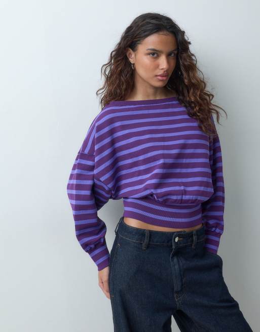 ASOS DESIGN dzianinowy sweter z odkrytymi ramionami w liliowe paski, 3 z 4
