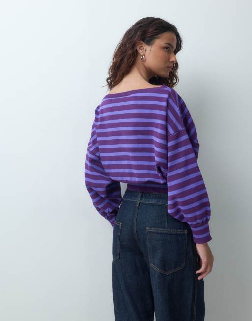 ASOS DESIGN dzianinowy sweter z odkrytymi ramionami w liliowe paski, 4 z 4