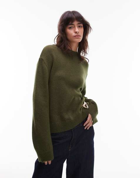 ASOS DESIGN knitted crew neck jumper with gold metal detail in khaki