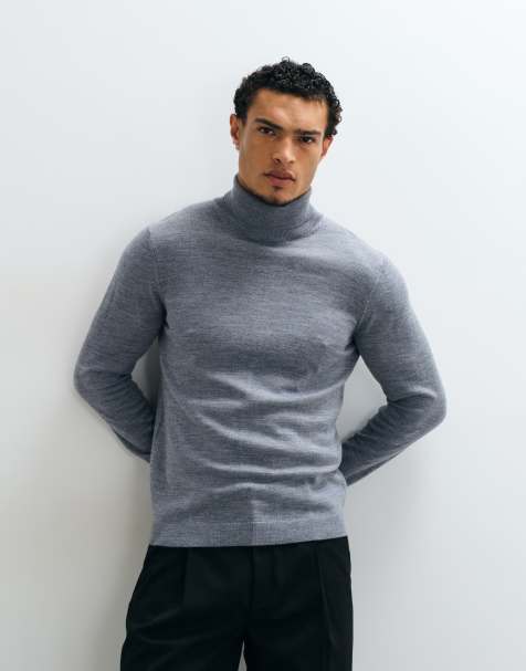 ASOS DESIGN dzianinowy sweter z wełny merino z odwijanym golfem w kolorze szarym - view 1