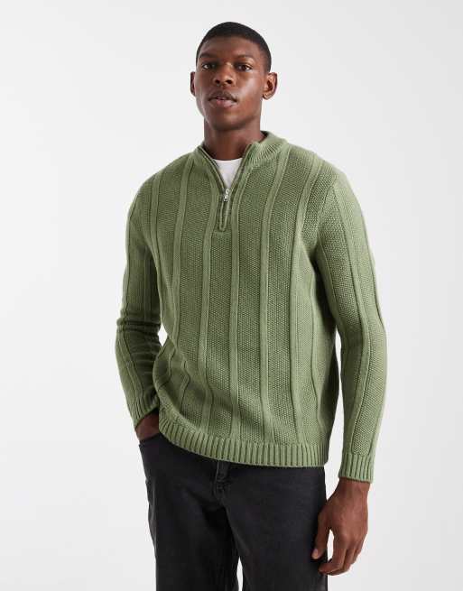 ASOS DESIGN – Dzianinowy sweter z wysokim kołnierzem i suwakiem pod szyją w kolorze khaki w paski