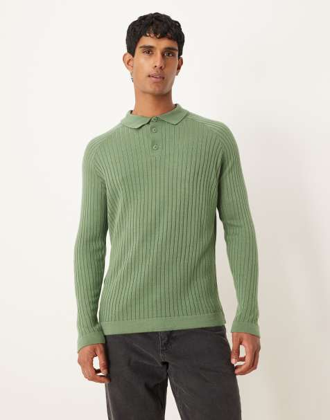 ASOS DESIGN muscle fit knitted long sleeve polo t-shirt in khaki