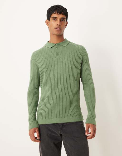 ASOS DESIGN – Dzianinowy t-shirt o kroju podkreślającym sylwetkę z kołnierzykiem polo i długimi rękawami w kolorze khaki