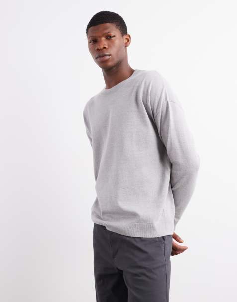 ASOS DESIGN relaxed long sleeve knitted crew neck t-shirt in grey marl