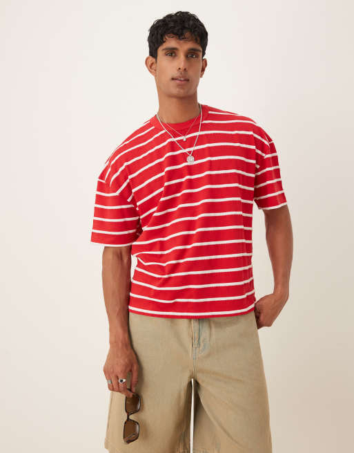 ASOS DESIGN – Dzianinowy T-shirt oversize o pudełkowym kroju z obniżoną linią ramion w czerwono-białe paski