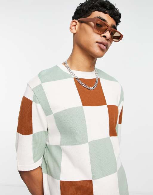 ASOS DESIGN – Dzianinowy T-shirt oversize w kolorze beżowym ze wzorem w szachownicę