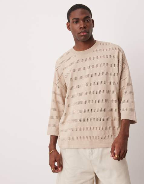 ASOS DESIGN oversized knitted t-shirt with stripe in ecru