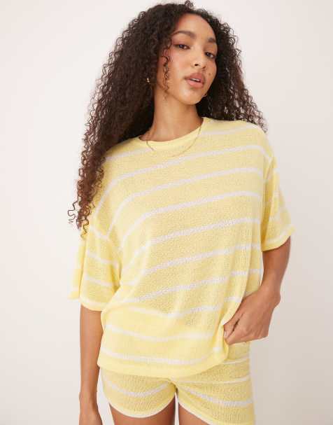 ASOS DESIGN knitted oversized t-shirt co-ord in yellow and white stripe