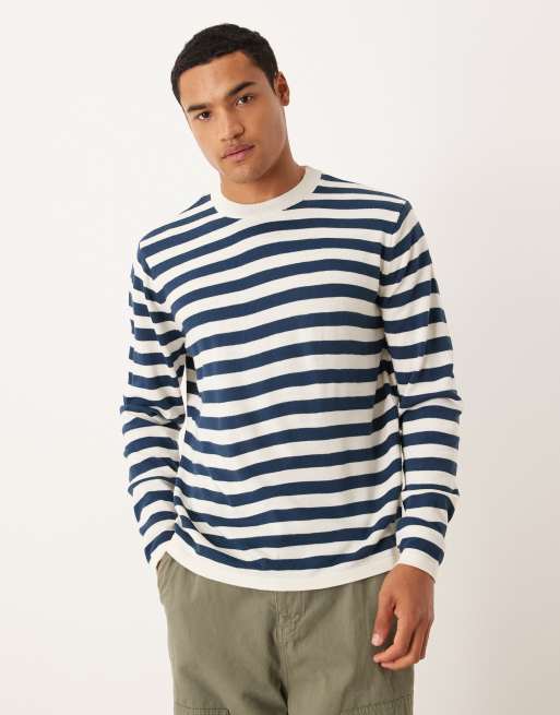 ASOS DESIGN – Dzianinowy T-shirt w granatowo-białe paski o luźnym kroju z okrągłym dekoltem i długimi rękawami
