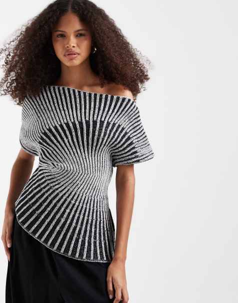 ASOS DESIGN – Dzianinowy taliowany top z zakładkami w czarno-białe paski - view 1