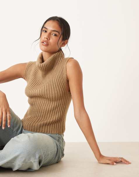 ASOS DESIGN – Dzianinowy top bez rękawów w kolorze mokki z drapowanym dekoltem - view 1
