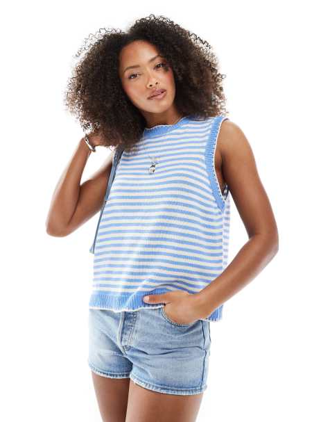 ASOS DESIGN knitted tank top with contrast blanket stitch in blue stripe