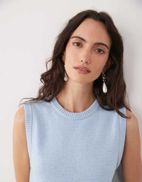 ASOS DESIGN – Dzianinowy top bez rękawów z mieszanki bawełny w kolorze zgaszonego błękitu - view 1
