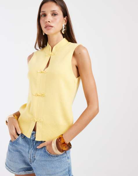 ASOS DESIGN dzianinowy top bez rękawów ze stójką w jasnym żółtym kolorze - view 1
