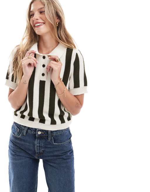 ASOS DESIGN – Dzianinowy top w granatowe paski z kołnierzykiem polo i wycięciem przy szyi