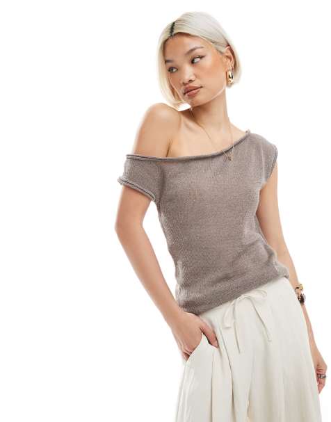 ASOS DESIGN knitted one shoulder top in mocha