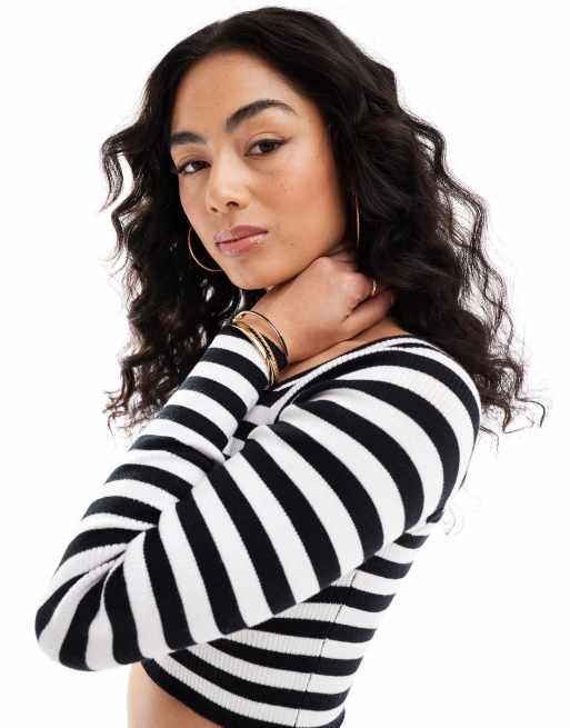 ASOS DESIGN – Dzianinowy top w paski z dekoltem bardot i odsłoniętymi ramionami