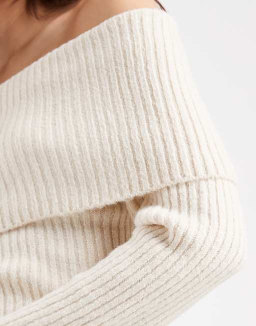ASOS DESIGN – Dzianinowy top z dekoltem bardot w kolorze ecru, 2 z 4