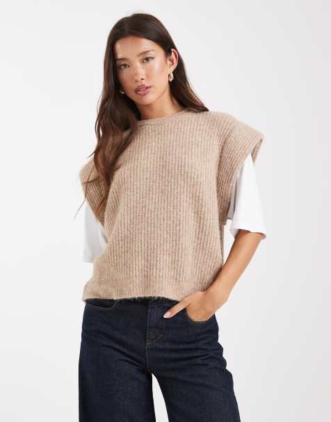 ASOS DESIGN knitted tank with jersey sleeves in mocha