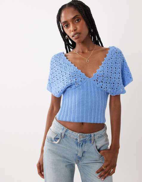 ASOS DESIGN dzianinowy top z głębokim dekoltem i wiązaniem w talii w kolorze aqua - view 1
