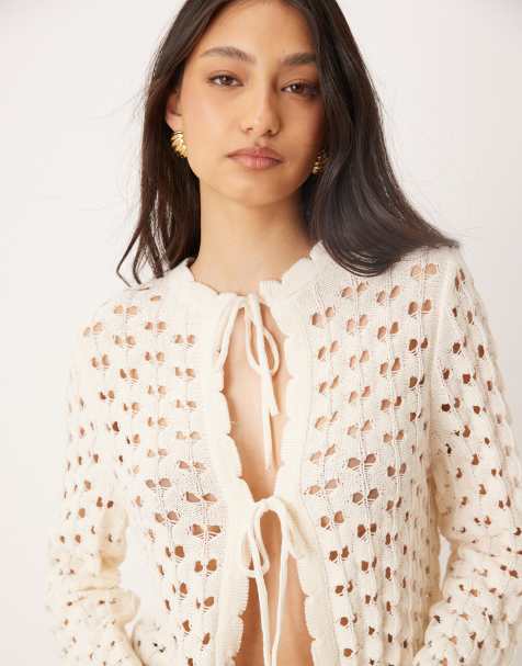 ASOS DESIGN knitted tie front cardigan with flared sleeve in ecru
