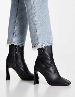  Black Square-Toe Leather Block Heel Boots NWB ASOS DESIGN Ramona leather square toe heeled ankle boots in  main image 4