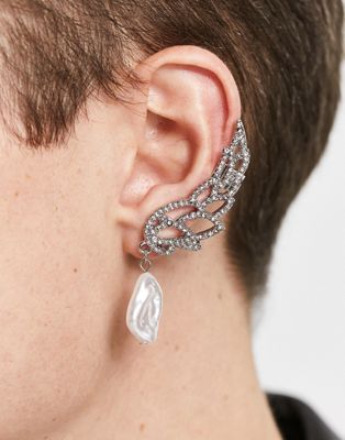 ASOS DESIGN ear cuff with crystal and faux pearl in silver tone